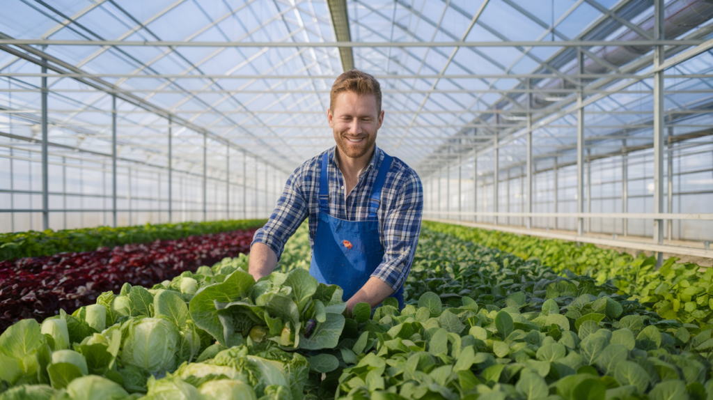 Agricoltore sorridente all'interno di una serra professionale, mentre raccoglie ortaggi sani. La serra è ben strutturata, con impianto di irrigazione automatizzato e piante rigogliose, mostrando i vantaggi di una struttura di alta qualità.