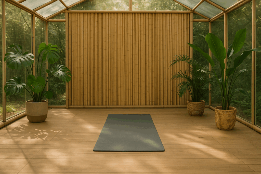Serra trasformata in spazio personale per yoga e meditazione con piante tropicali.