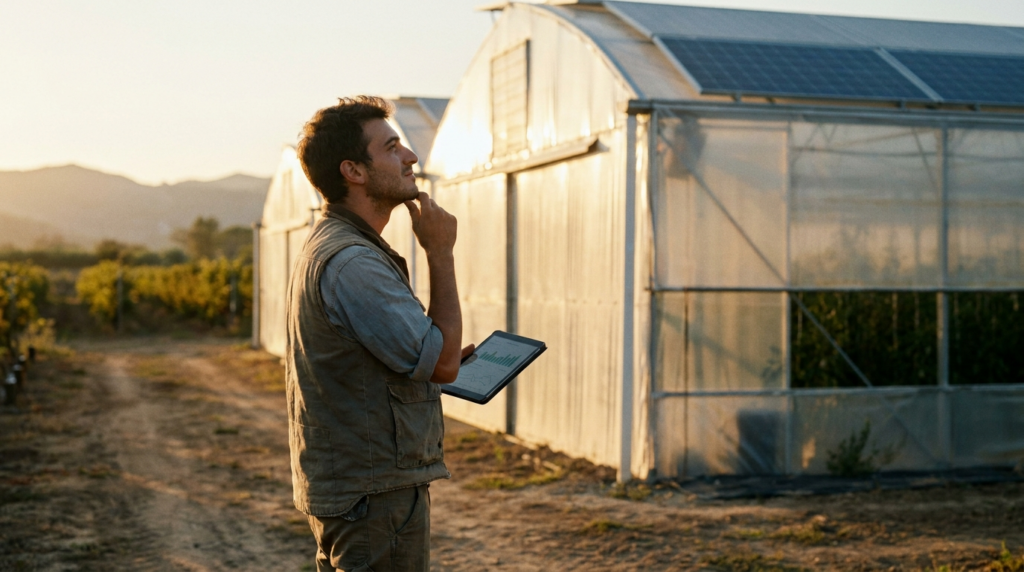 Giovane agricoltore valuta un impianto fotovoltaico in serra per accedere al Bando Agrisolare 2026