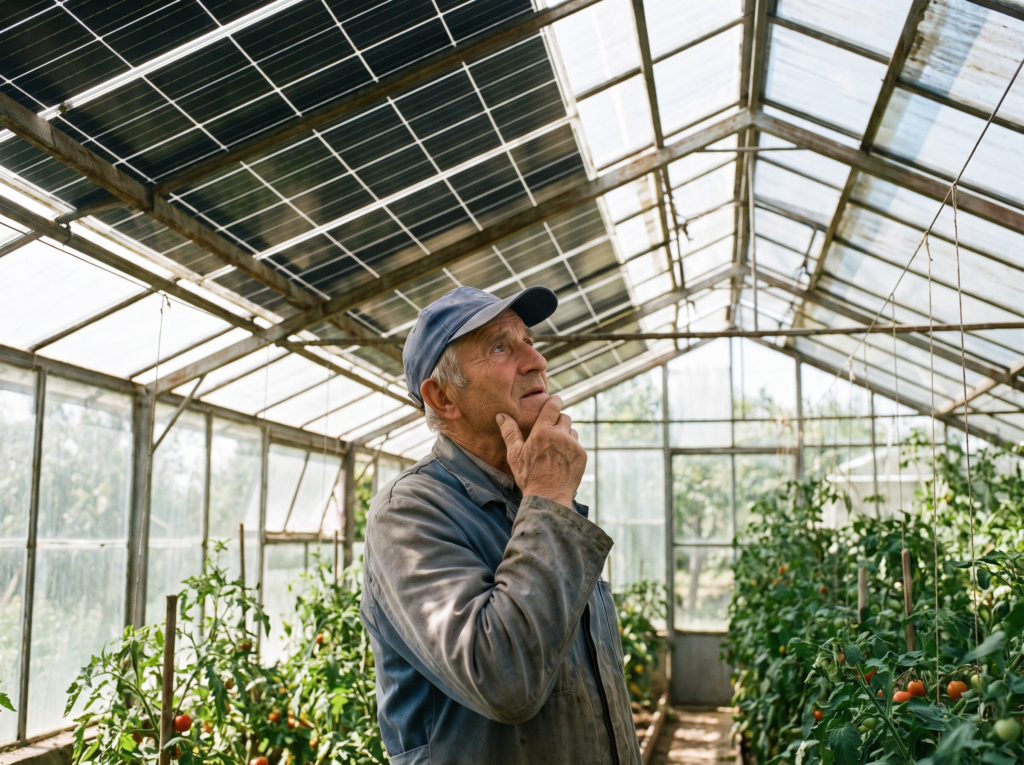 Agricoltore osserva impianto fotovoltaico installato sul tetto della serra