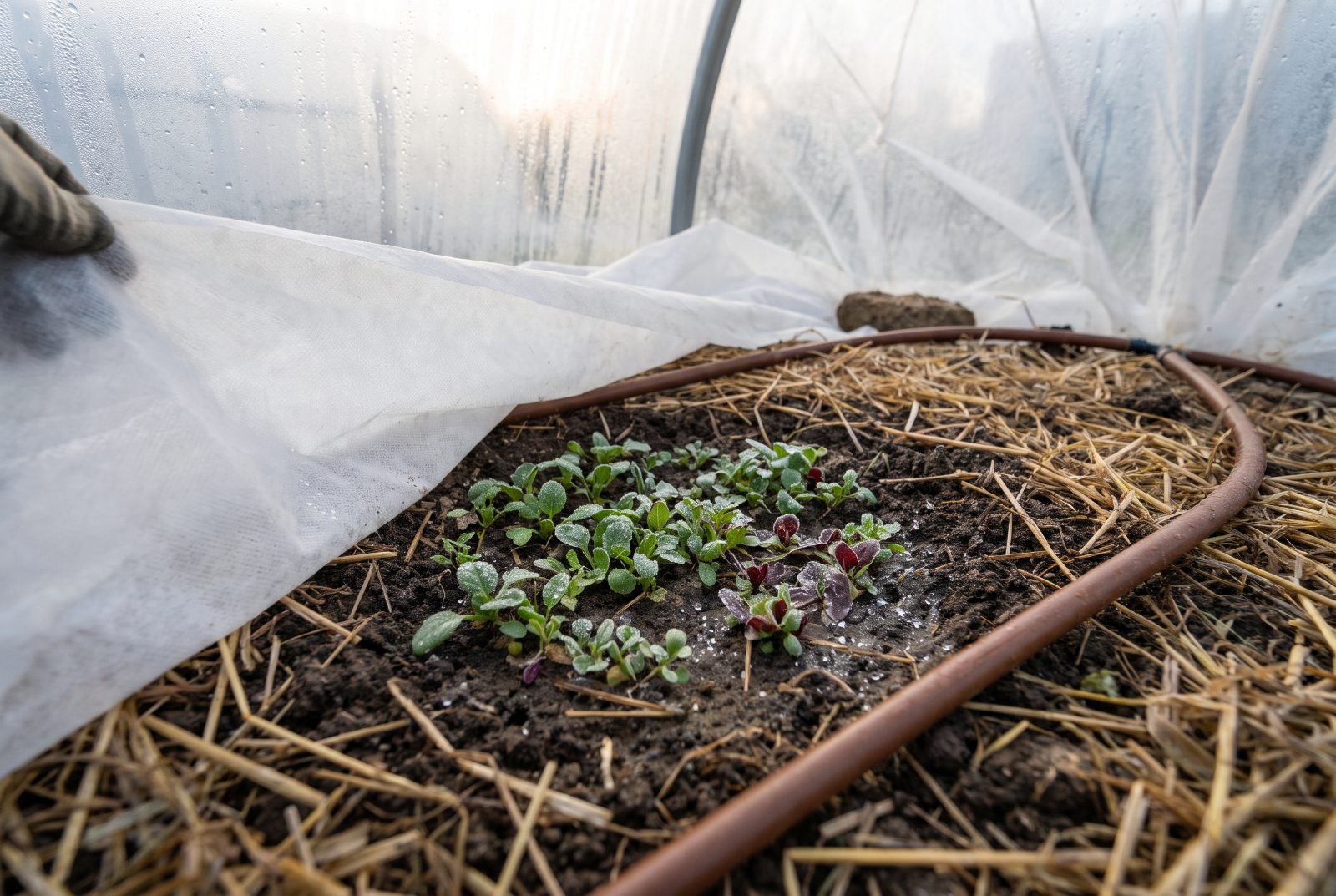 Spinaci, valerianella e radicchio in serra fredda protetti da tessuto non tessuto, con pacciamatura e irrigazione a goccia